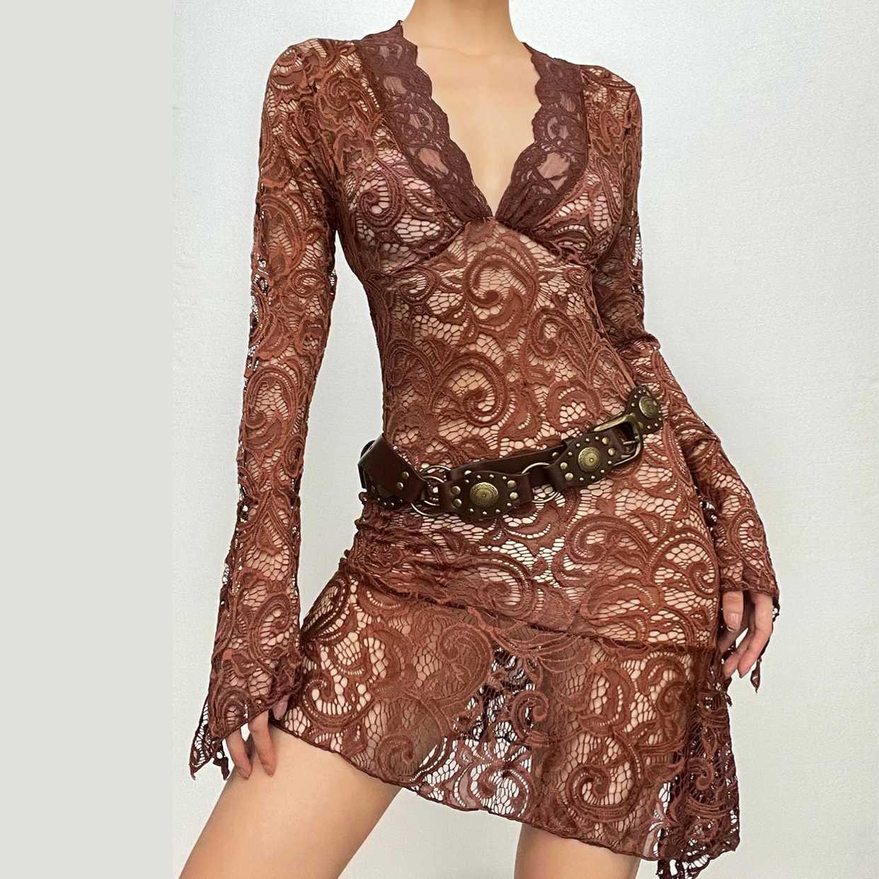 Lace see through flared sleeve v neck irregular solid mini dress - Final Sale