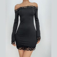 Lace hem solid off shoulder long sleeve mini dress