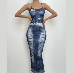 Cross back u neck backless denim print contrast slit midi dress