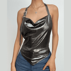 Metallic cowl neck buckle halter ruched backless top