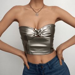 Ärmelloses Tube-Top aus massivem Metallic mit Reißverschluss und ausgehöhlter Schnalle