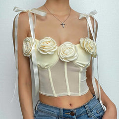 Rückenfreies Bustier-Crop-Top aus Netzstoff mit Blumenapplikation zum Selbstbinden