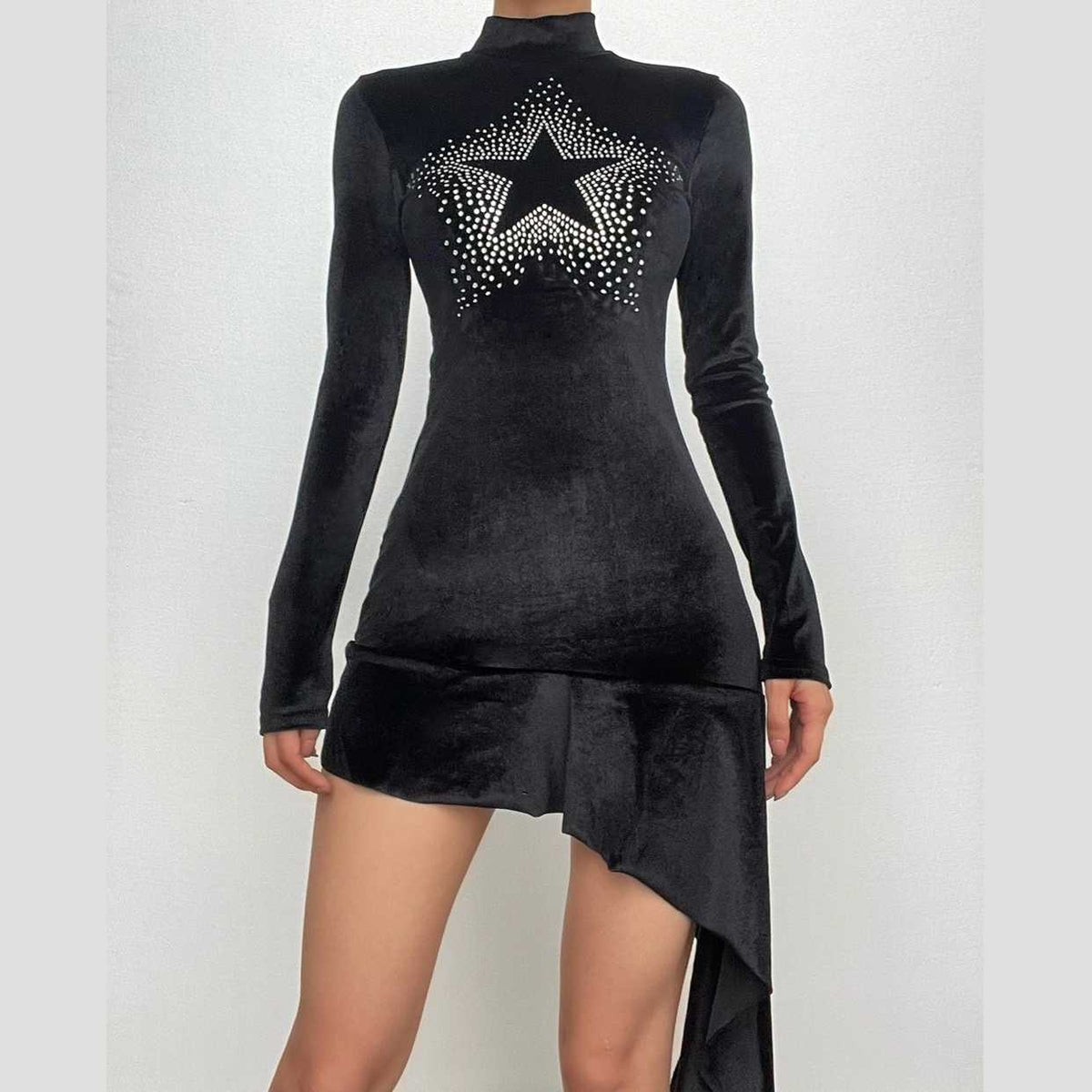 Star pattern beaded irregular long sleeve high neck ruffle mini dress