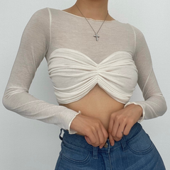 Langärmliges, einfarbiges, gerüschtes Crop-Top mit Rundhalsausschnitt