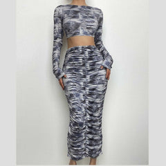 Contrast print long sleeve backless hollow out ruched midi skirt set