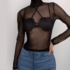 Einfarbiges Crop-Top mit hohem Halsausschnitt, Knopfleiste und überkreuzten Ärmeln aus Netzstoff 