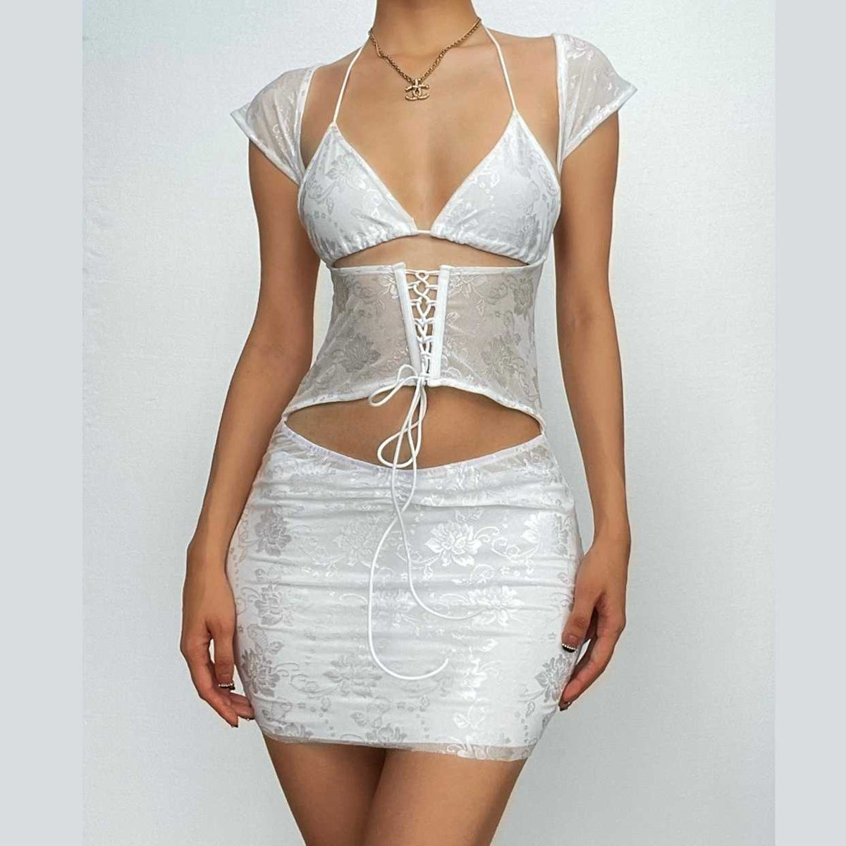 Lace halter cap sleeve ruched corset lace up solid mini skirt set - Final Sale