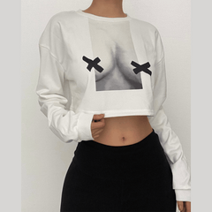 Langärmliges Crop-Top mit Rundhalsausschnitt und Kontrast-Print