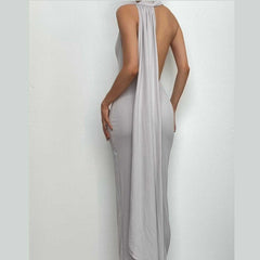 Ruched slit halter ribbed backless cowl neck solid maxi dress