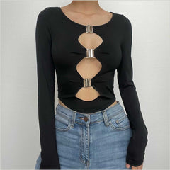 Buckle solid long sleeve hollow out round neck top