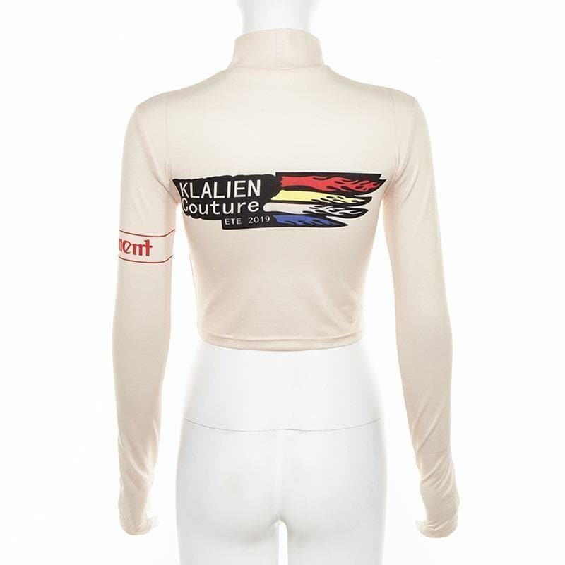 Halibuy Langärmliges Crop-Top mit hohem Halsausschnitt und Buchstabenmuster