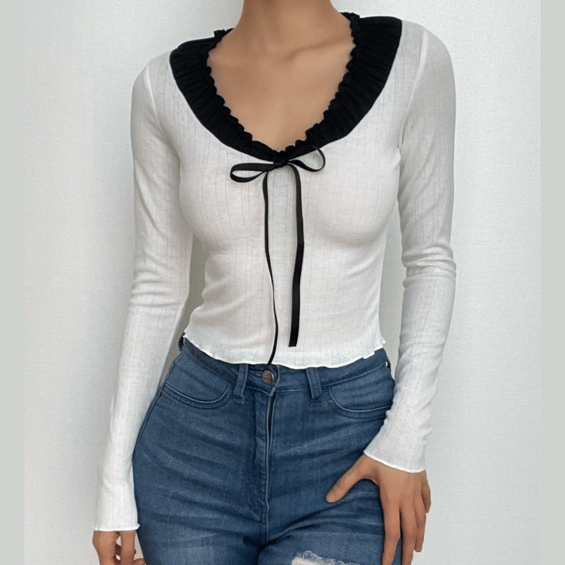 Ruffle contrast patchwork long sleeve bowknot crop top