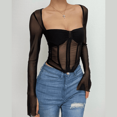 Corset mesh long sleeve solid ruched square neck crop top