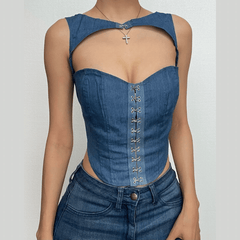 Hollow out button sleeveless corset low cut denim top