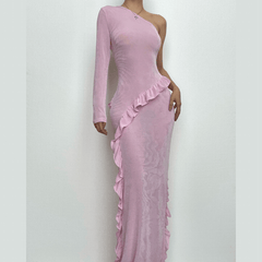 One shoulder solid ruffle irregular maxi dress