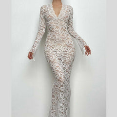 Lace see through long sleeve v neck solid maxi dress