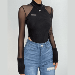 High neck solid long sleeve mesh patchwork bodysuit