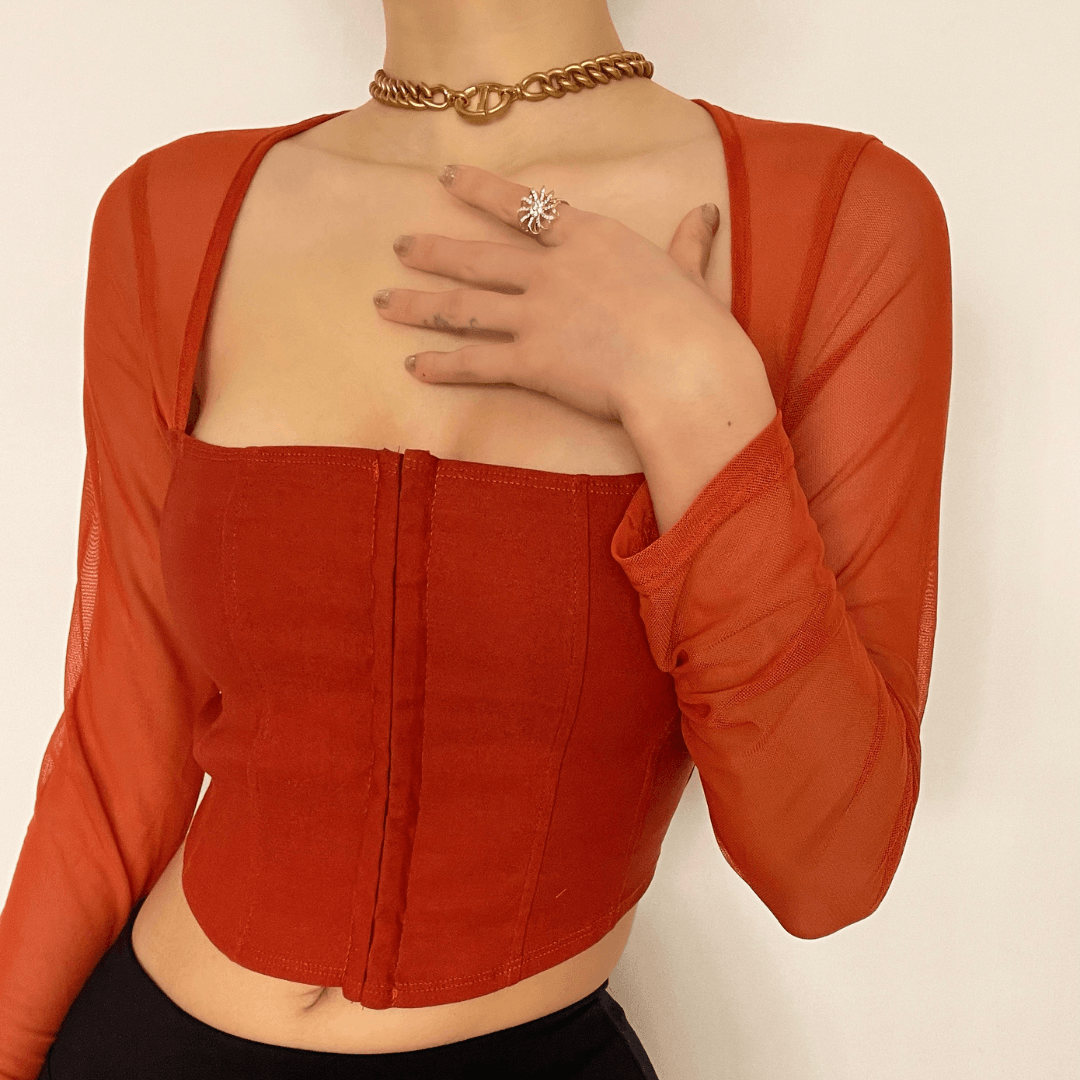 Square neck buttoned mesh long sleeve crop top