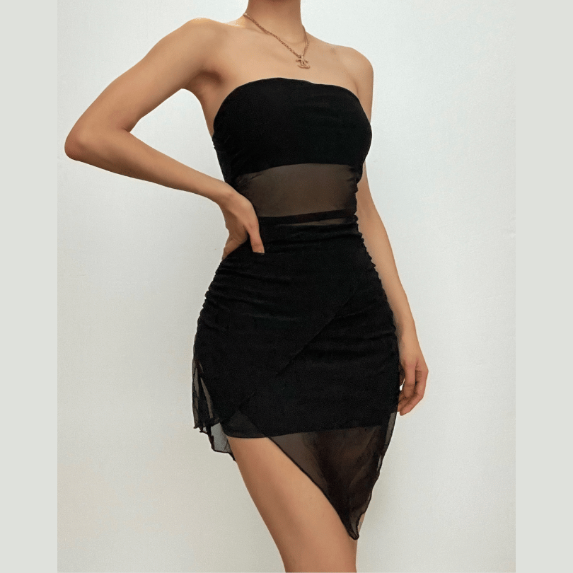 Mesh irregular solid backless tube mini dress