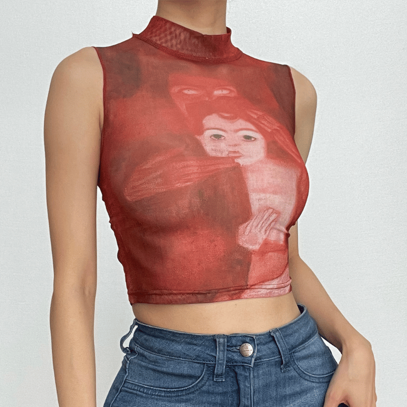 Ärmelloses Crop-Top aus transparentem Netzstoff mit hohem Kragen und Rüschen in Kontrastfarbe