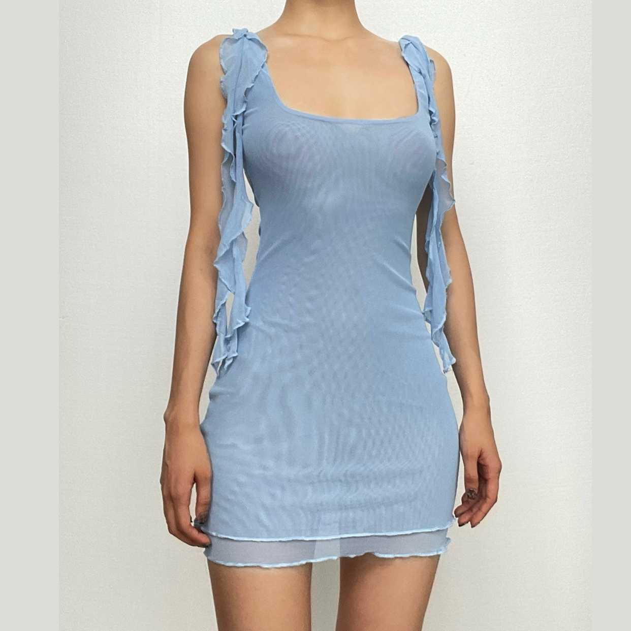 Square neck sheer mesh backless ruffle ribbon solid mini dress