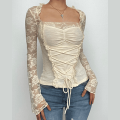 Lace long sleeve solid lace up ruffle ruched top