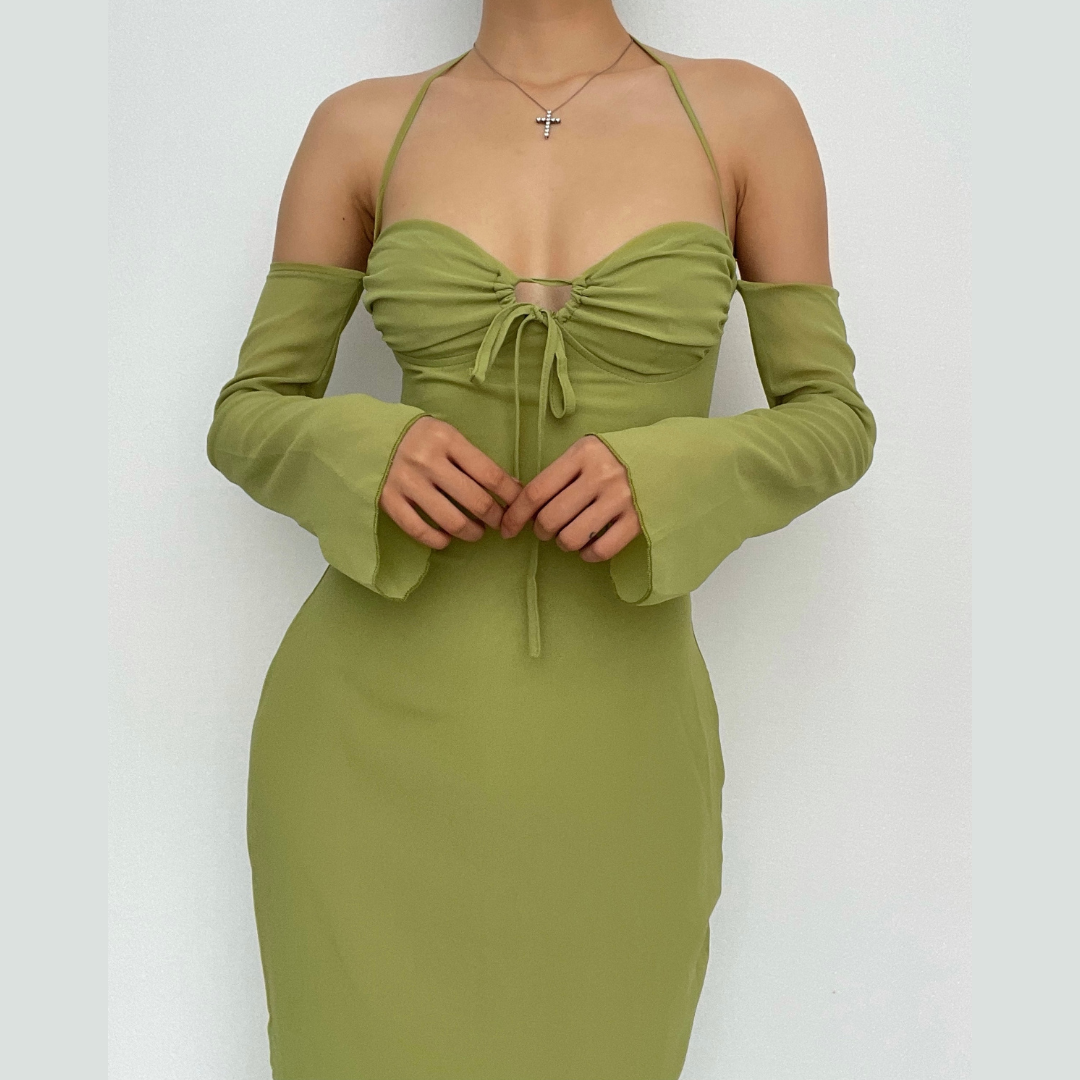 Low cut halter off shoulder long flared sleeve midi dress