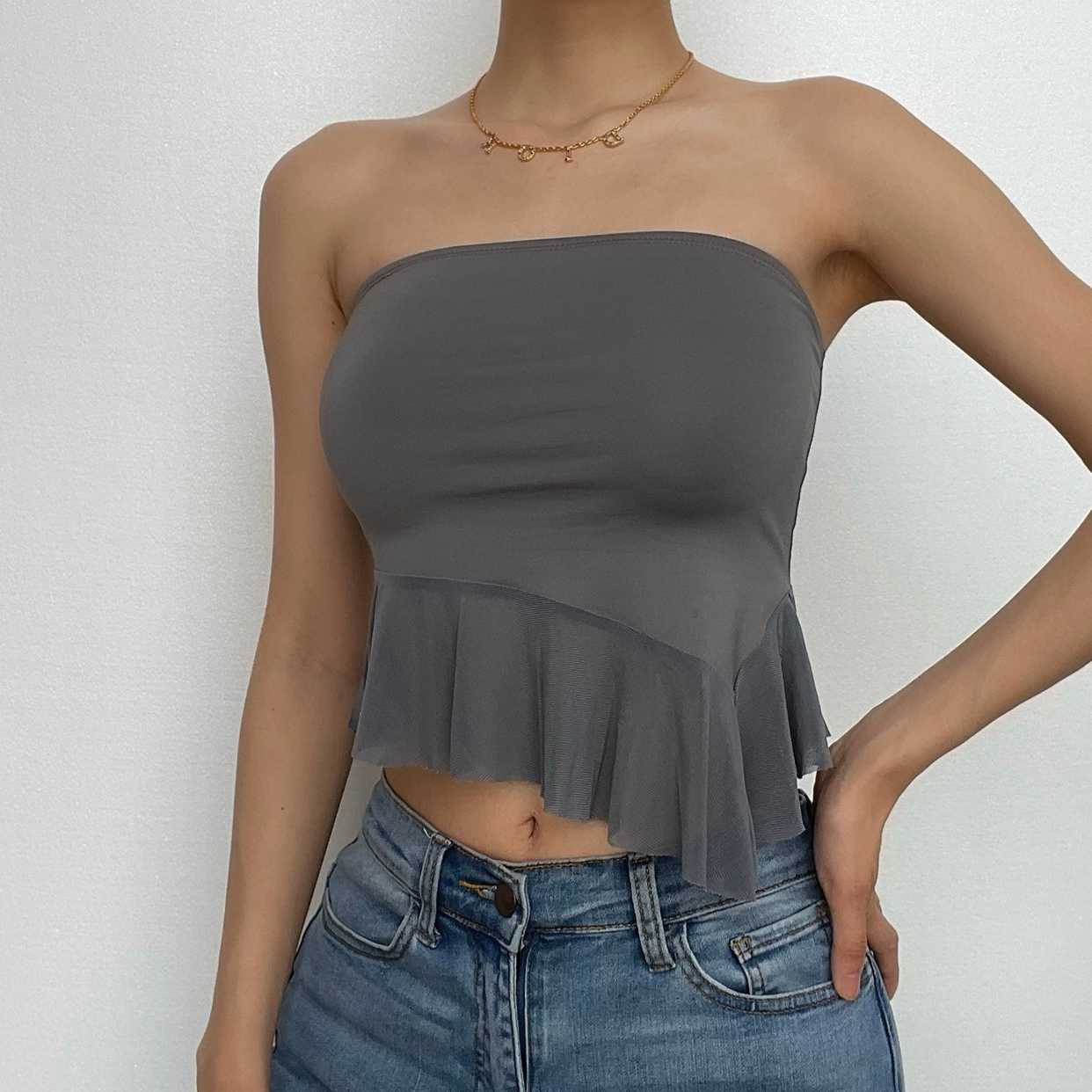 Mesh ruffle irregular solid backless tube crop top