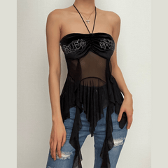 Beaded patchwork velvet mesh ruffle halter backless top