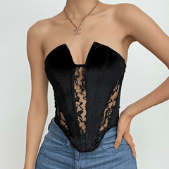 Korsett-Tube-Top mit einfarbigem Spitzen-Patchwork und Kerbausschnitt 