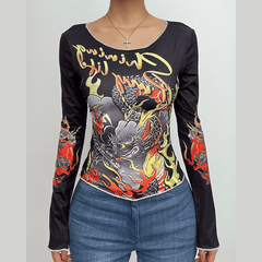 Round neck dragon print long sleeve contrast ruffle top