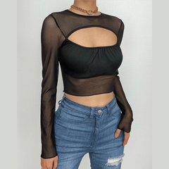 Crop Top aus einfarbigem Mesh mit ausgehöhlten Patchwork-Rüschen und langen Ärmeln - Schlussverkauf 