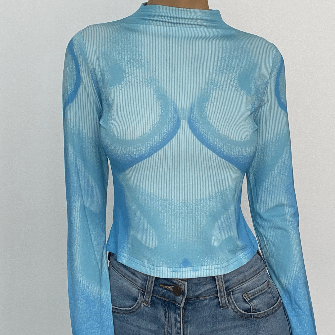 Langärmliges Crop-Top mit hohem Halsausschnitt und kontrastierendem Bodyprint