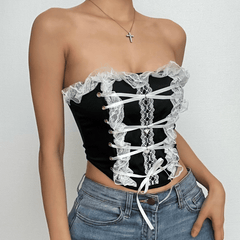 Lace hem contrast ruffle backless lace up tube crop top