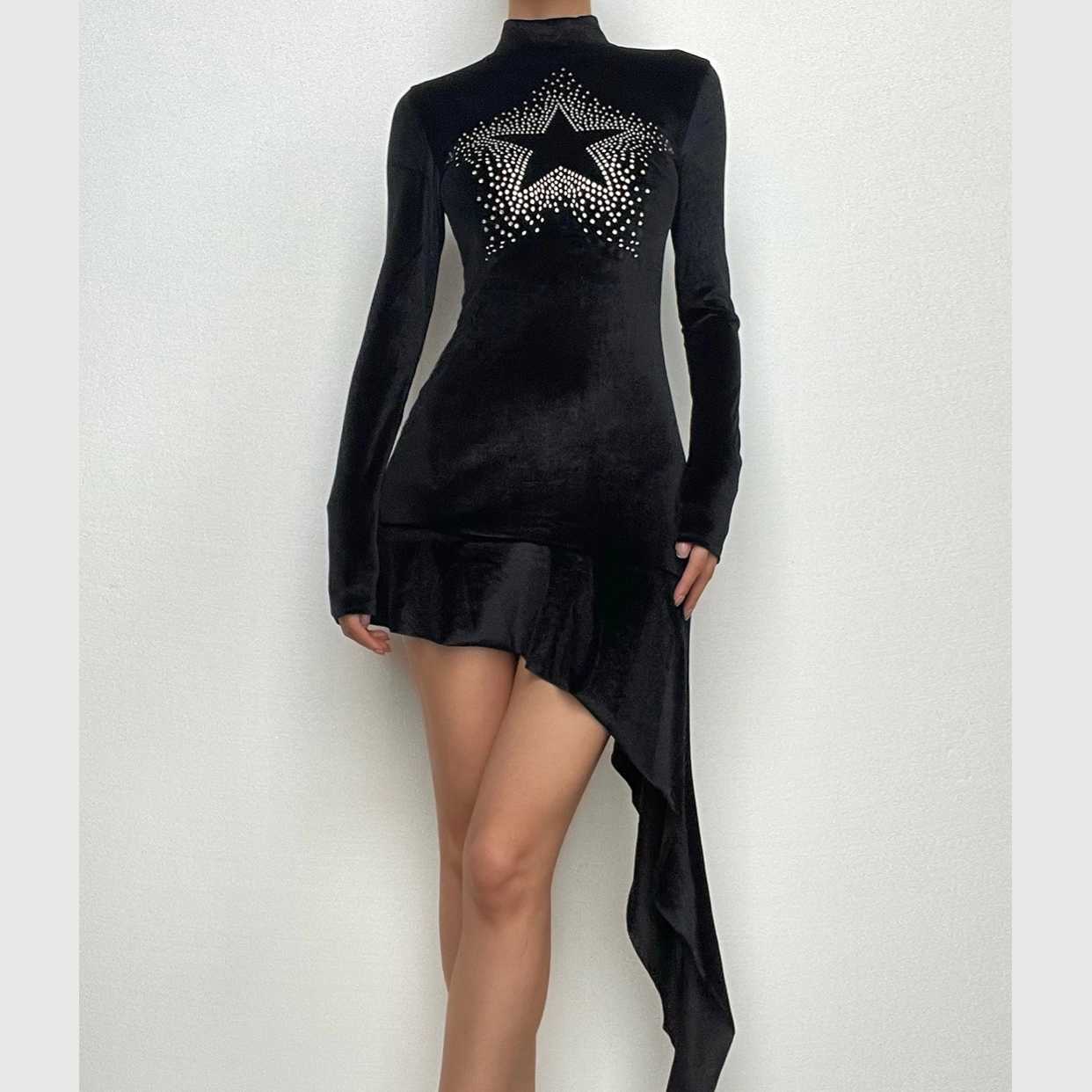 Star pattern beaded irregular long sleeve high neck ruffle mini dress