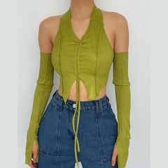 Drawstring textured solid halter gloves backless crop top