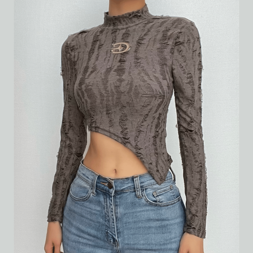 Irregular long sleeve metal tag textured high neck solid crop top