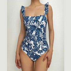 Contrast abstract print ruffle one piece swimwear with beach skirt