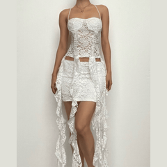 Lace ribbon hollow out solid ruffle halter backless mini skirt set