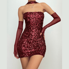 Glitter halter gloves mesh backless mini dress