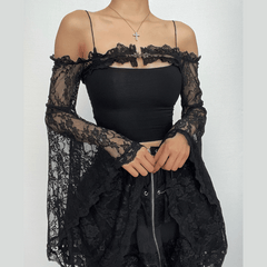 Lace off shoulder flared sleeve solid button shrug top