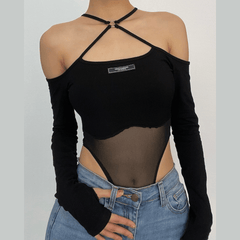 Cross front off shoulder solid mesh o ring gloves bodysuit