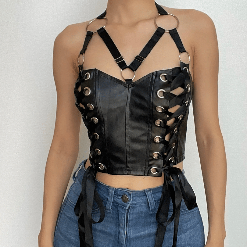 Lace up o ring PU leather halter backless crop top