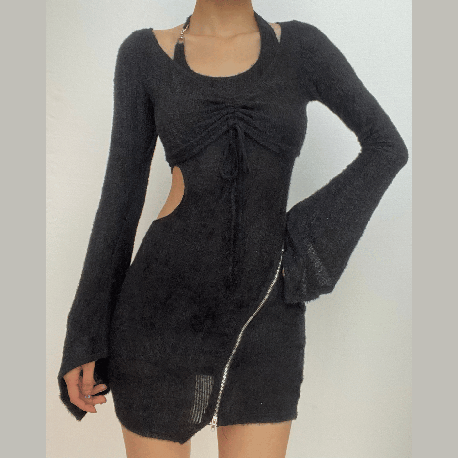 Textured zip-up drawstring hollow out halter long sleeve 2 piece mini dress