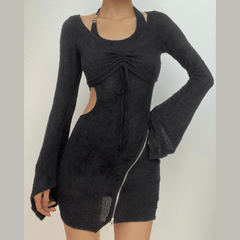 Textured zip-up drawstring hollow out halter long sleeve 2 piece mini dress