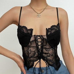 Lace hem solid spaghetti strap halter lace up crop top - Final Sale