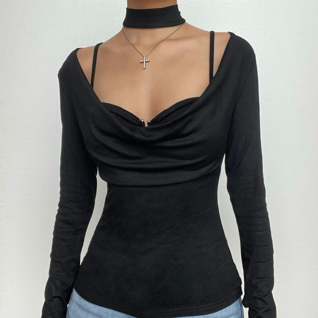 Zweiteiliges Camisole-Oberteil mit Wasserfallausschnitt, langen Ärmeln und gerüschtem Choker