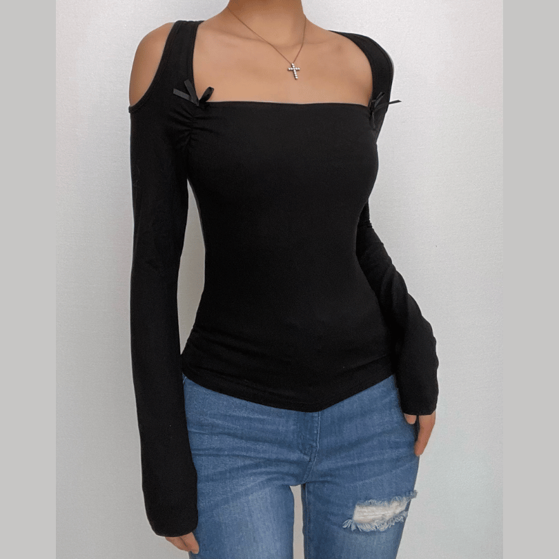 Ruched bowknot hollow out long sleeve solid top