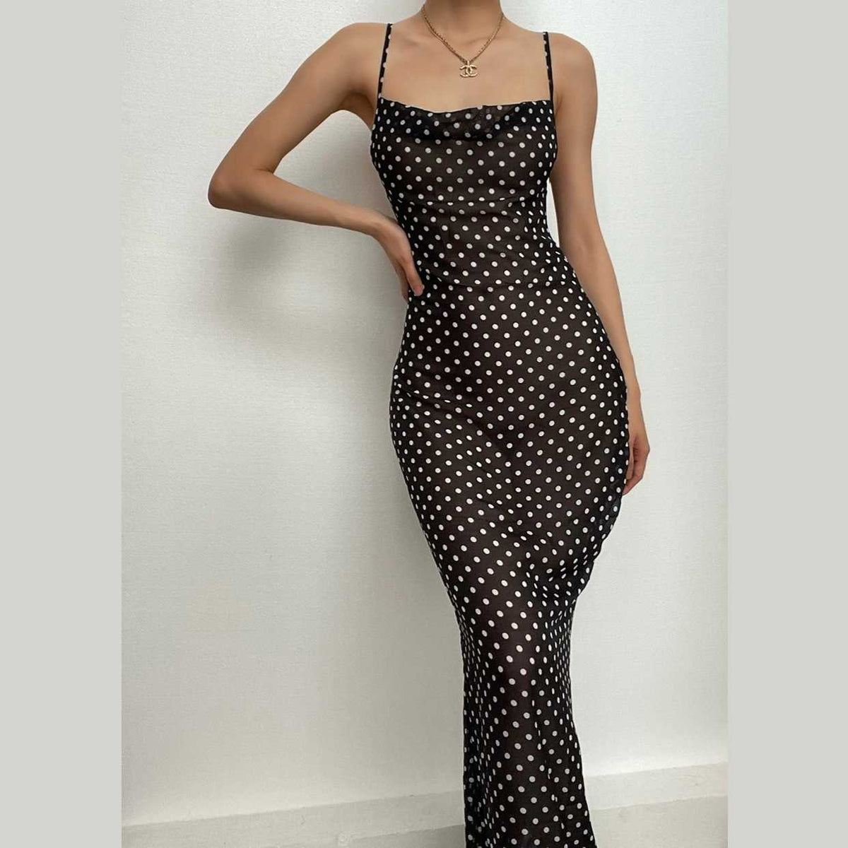 Cowl neck polka dot mesh see through maxi dress