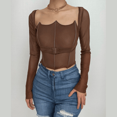 Corset button mesh long sleeve 2 piece tube crop top